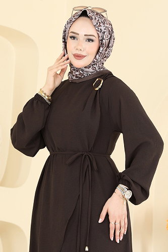 moda selvim الفستان بني غامق 2661MSZ1172 - Thumbnail