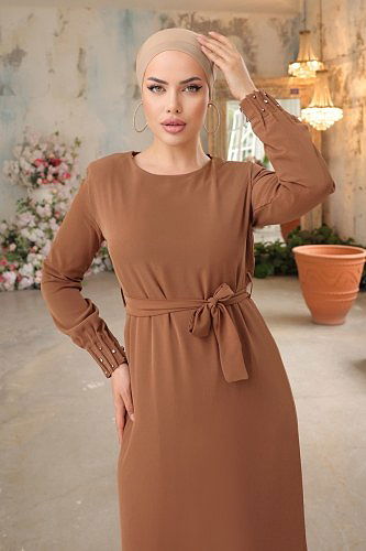 moda selvim الفستان عسلي فاتح 2661NVN696 - Thumbnail