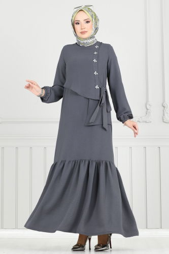 moda selvim الفستان رمادي غامق 2680SL432 - Thumbnail
