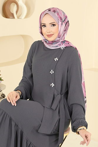 moda selvim الفستان رمادي غامق 2680SL432 - Thumbnail