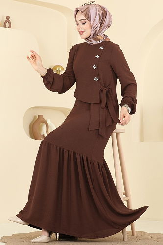 moda selvim الفستان بني 2680SL432 - Thumbnail