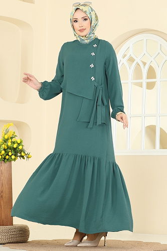 moda selvim الفستان أخضر باهت غامق 2680SL432 - Thumbnail