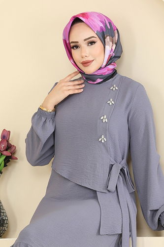 moda selvim الفستان رمادي 2680SL432 - Thumbnail