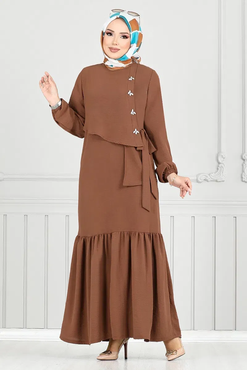 moda selvim الفستان بني 2680SL890-M - Thumbnail