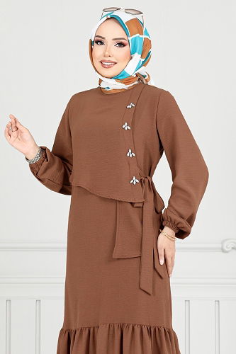 moda selvim الفستان بني 2680SL890-M - Thumbnail