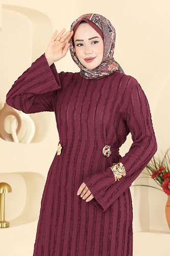 moda selvim الفستان خمري 2701TPK1167 - Thumbnail