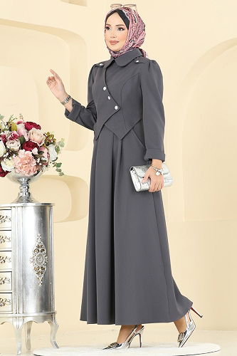 moda selvim الفستان رمادي غامق 2743SL432 - Thumbnail