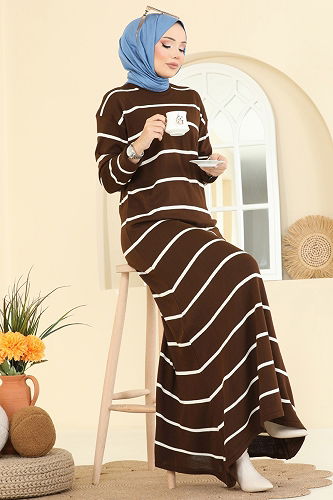 moda selvim الفستان بني 2747AYD574 - Thumbnail