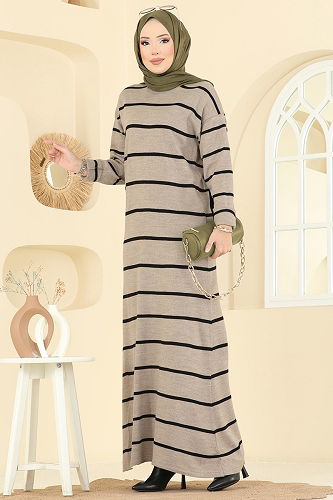 moda selvim الفستان بيج وأسود 2747AYD574 - Thumbnail