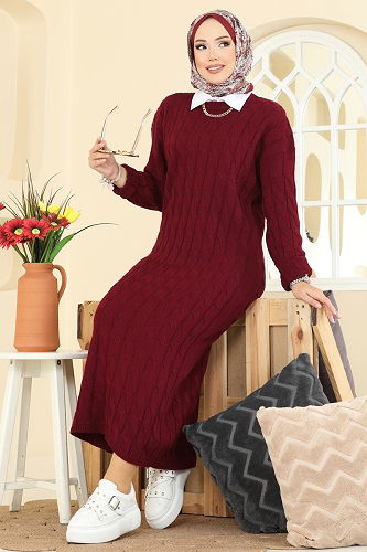 moda selvim Dress 2752AYD574 Burgundy - Thumbnail