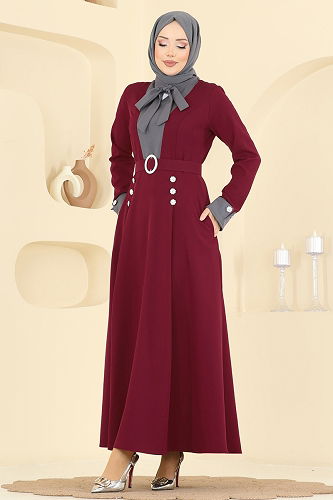 moda selvim Dress 2774SL432 Anthracite & Burgundy - Thumbnail
