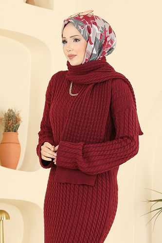 moda selvim Dress 2776AYD574 Burgundy - Thumbnail