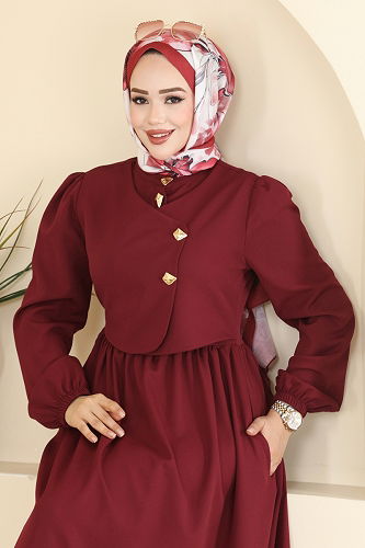 moda selvim Dress 2805SL432 Burgundy - Thumbnail