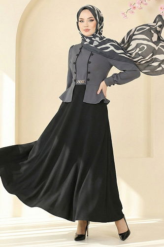 moda selvim الفستان رمادي غامق 2810SL432 - Thumbnail