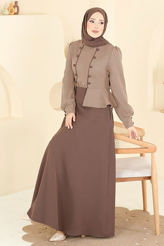 moda selvim الفستان بيج غامق وبني 2810SL432 - Thumbnail