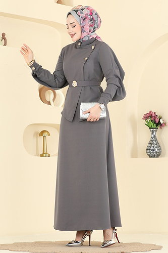 moda selvim الفستان رمادي غامق 2841SLK540 - Thumbnail