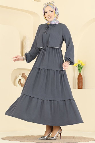 moda selvim الفستان رمادي غامق 2851SLK540 - Thumbnail