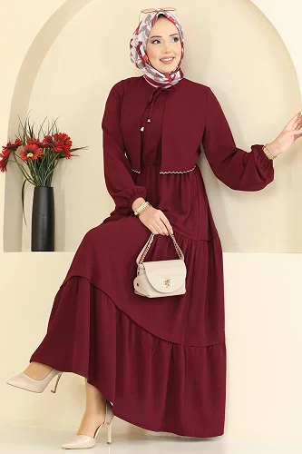 moda selvim Dress 2851SLK540 Burgundy - Thumbnail