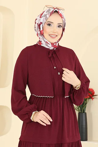 moda selvim Dress 2851SLK540 Burgundy - Thumbnail