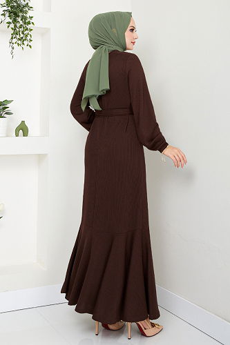 moda selvim الفستان بني 285DVL817-M - Thumbnail