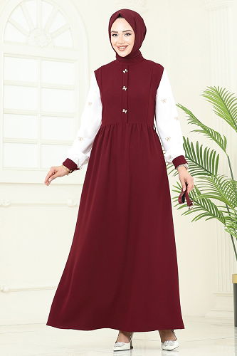 moda selvim Dress 286ASN888 Burgundy - Thumbnail