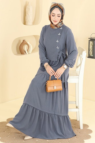 moda selvim الفستان رمادي غامق 2885SLK540 - Thumbnail