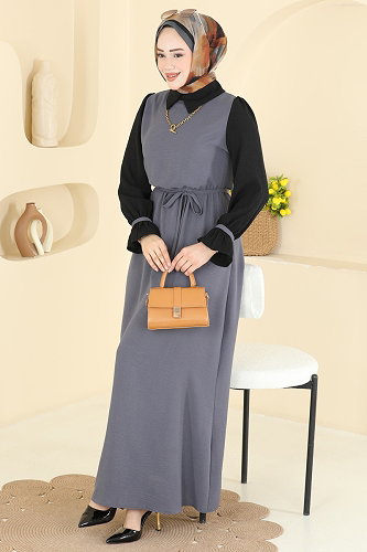moda selvim Dress 2888SL432 Anthracite & Black - Thumbnail
