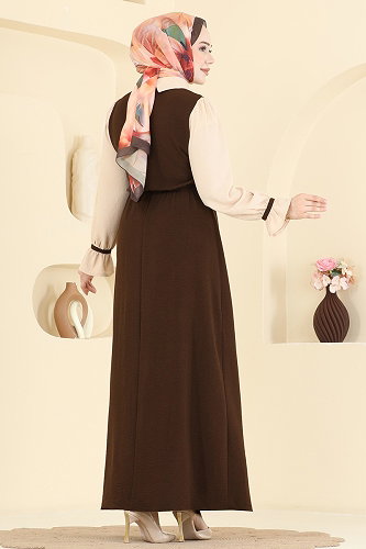 moda selvim الفستان بني غامق & بيج 2888SL432 - Thumbnail