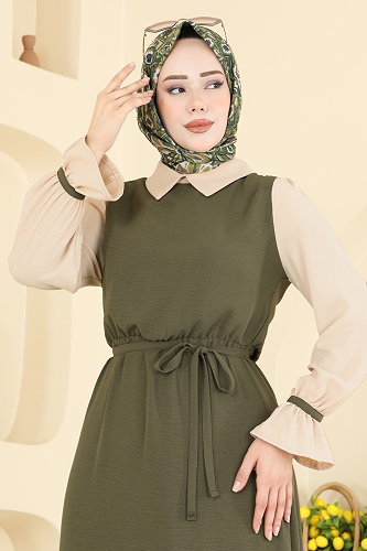 moda selvim الفستان أخضر عفني و بيج 2888SL432 - Thumbnail