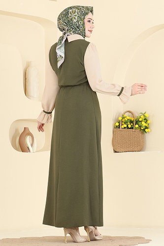 moda selvim الفستان أخضر عفني و بيج 2888SL432 - Thumbnail