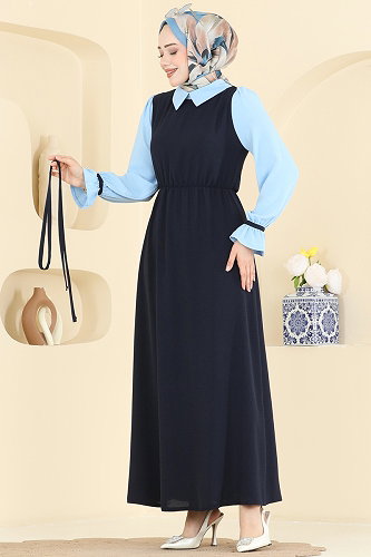 moda selvim Dress 2888SL432 Navy Blue & Baby Blue - Thumbnail