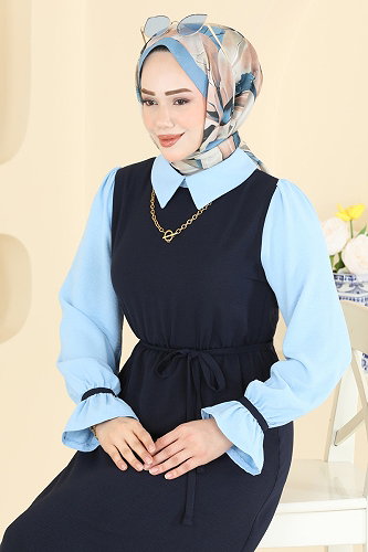 moda selvim الفستان كحلي وأزرق فاتح 2888SL432 - Thumbnail