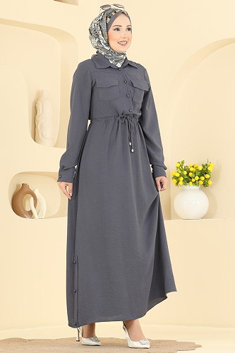 moda selvim الفستان رمادي غامق 2904SLK540 - Thumbnail