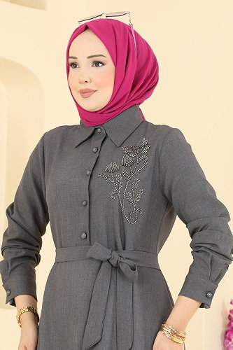 moda selvim Dress 2915SL432 Anthracite - Thumbnail
