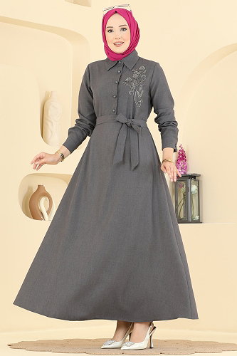 moda selvim الفستان رمادي غامق 2915SL432 - Thumbnail