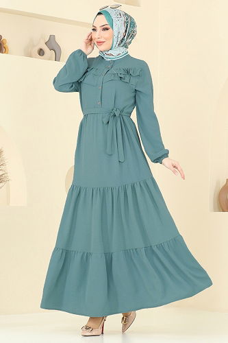 moda selvim الفستان أخضر باهت 3005BM387 - Thumbnail