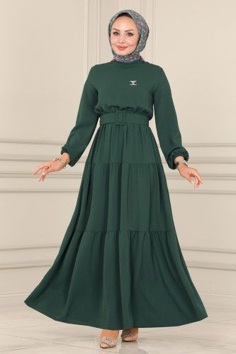 moda selvim 302BM387 الزيتي فستان - Thumbnail
