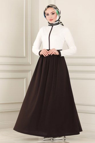 moda selvim 3035MH427 لون الايكرو مع البني فستان - Thumbnail