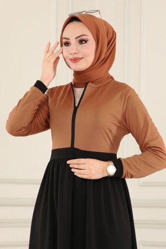 moda selvim Dress 3035MH427 Tan&Black - Thumbnail
