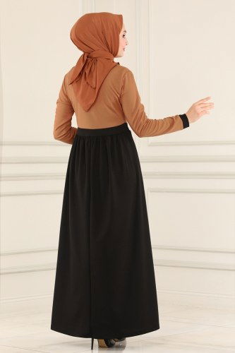 moda selvim 3035MH427 رملي&اسود فستان - Thumbnail