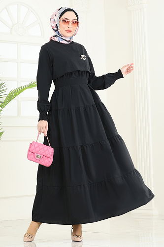 moda selvim الفستان أسود 3042KTR750 - Thumbnail