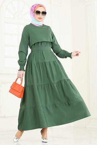 moda selvim الفستان اخضر عفني 3042KTR750 - Thumbnail