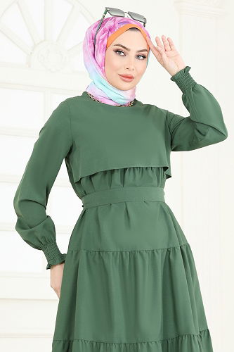 moda selvim الفستان اخضر عفني 3042KTR750 - Thumbnail