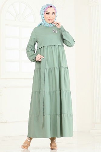 moda selvim الفستان أخضر باهت 3042KTR750 - Thumbnail
