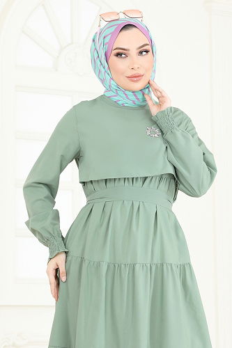 moda selvim الفستان أخضر باهت 3042KTR750 - Thumbnail