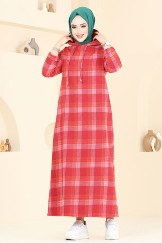 moda selvim الفستان أحمر غامق 3043KTR750 - Thumbnail