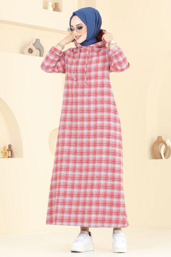 moda selvim الفستان رمادي وأحمر 3043KTR750 - Thumbnail