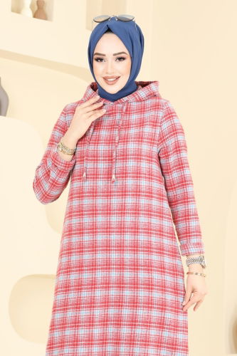 moda selvim الفستان رمادي وأحمر 3043KTR750 - Thumbnail