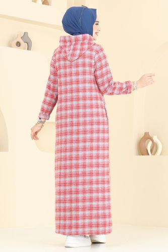 moda selvim الفستان رمادي وأحمر 3043KTR750 - Thumbnail