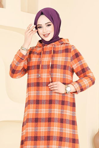 moda selvim الفستان بنفسجي وبرتقالي 3043KTR750 - Thumbnail